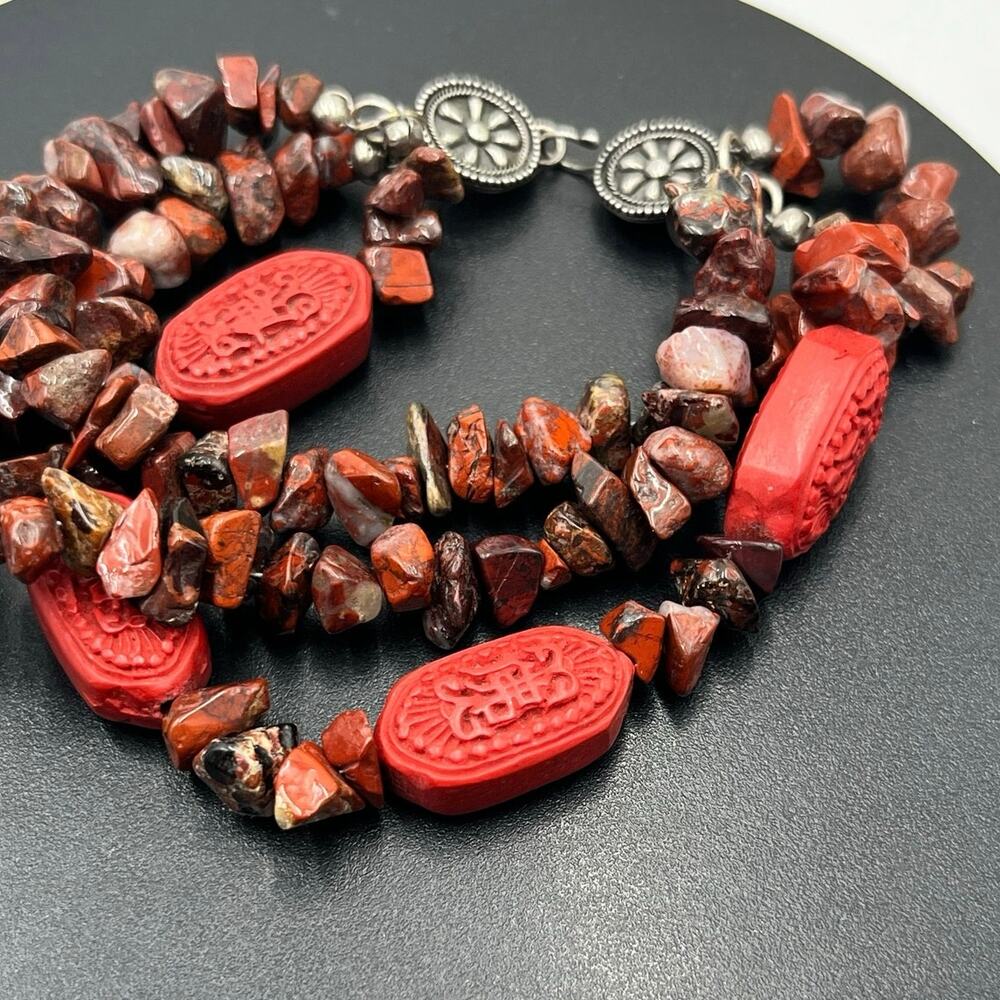 Vintage 925 Sterling Silver Garnet & Cinnabar Triple‎ Strand 8” Bracelet 47.8g